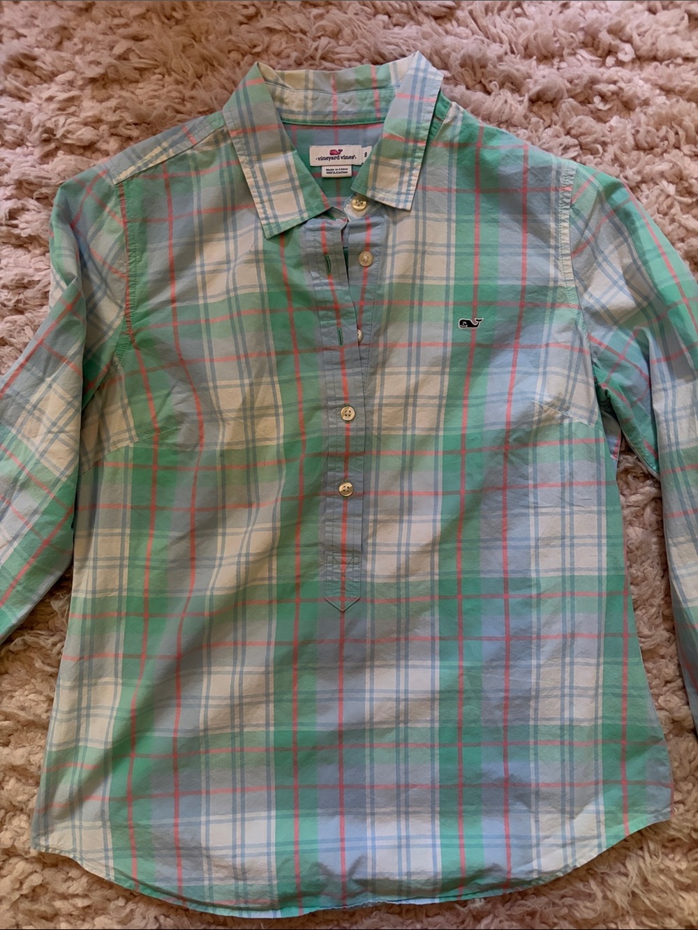 Women Vineyard Vines Pastel Plaid Button-Down Shirt - Mint, Light Blue & Coral - Picture 2 of 5